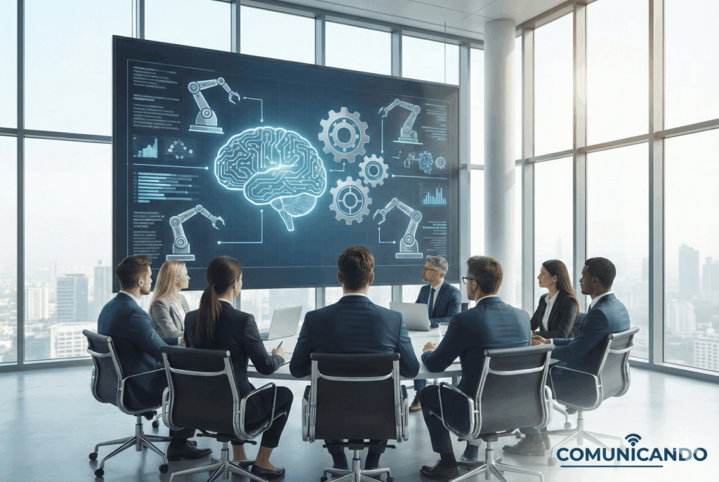 Intelligenza artificiale e automazione in azienda: manager osservano dashboard digitale, innovazione business 2026