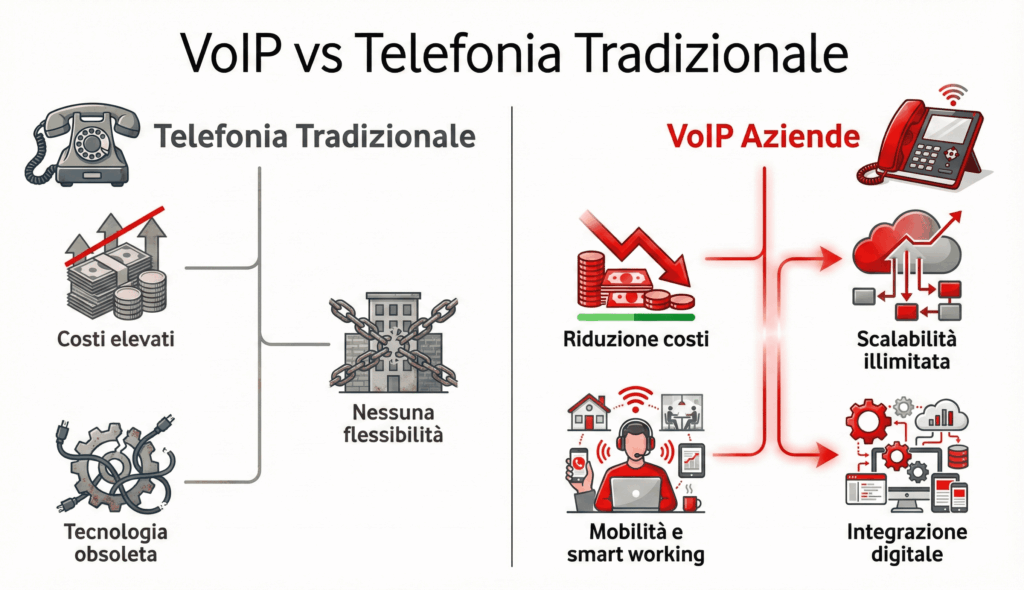 Infografica comparativa tra VoIP aziendale e telefonia tradizionale: vantaggi, limiti, costi, flessibilità, tecnologia, Vodafone e Comunicando